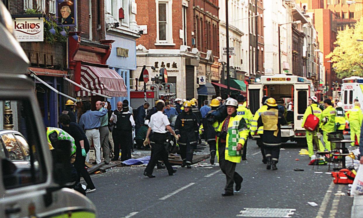 <span>Compton Street in Soho after the bombing of the Admiral Duncan pub in 1999.</span><span>Photograph: Stig Kolstad/PA</span>