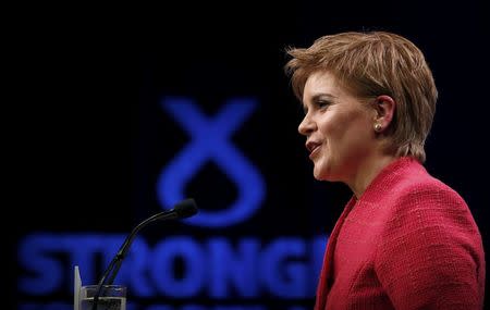 Party leader Nicola Sturgeon speaks at the Scottish National Party's conference in Aberdeen, Scotland, Britain March 18, 2017. REUTERS/Russell Cheyne