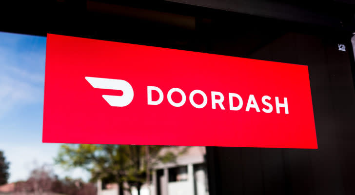 Close up of Doordash (DASH) logo and symbol displayed at the entrance to one of their offices