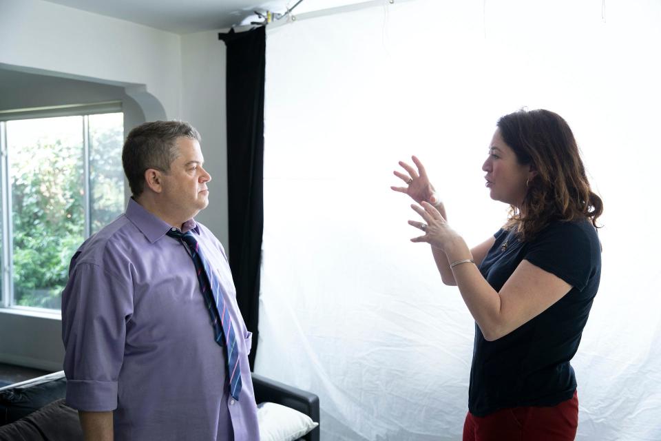 Comedian Patton Oswalt with "I'll Be Gone in the Dark" director Liz Garbus.