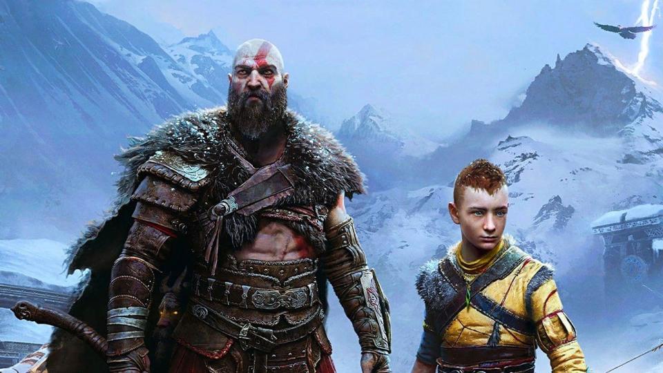 god of war ragnarok promo art with kratos and son atreus looking in different directions in front of an icy mountain range