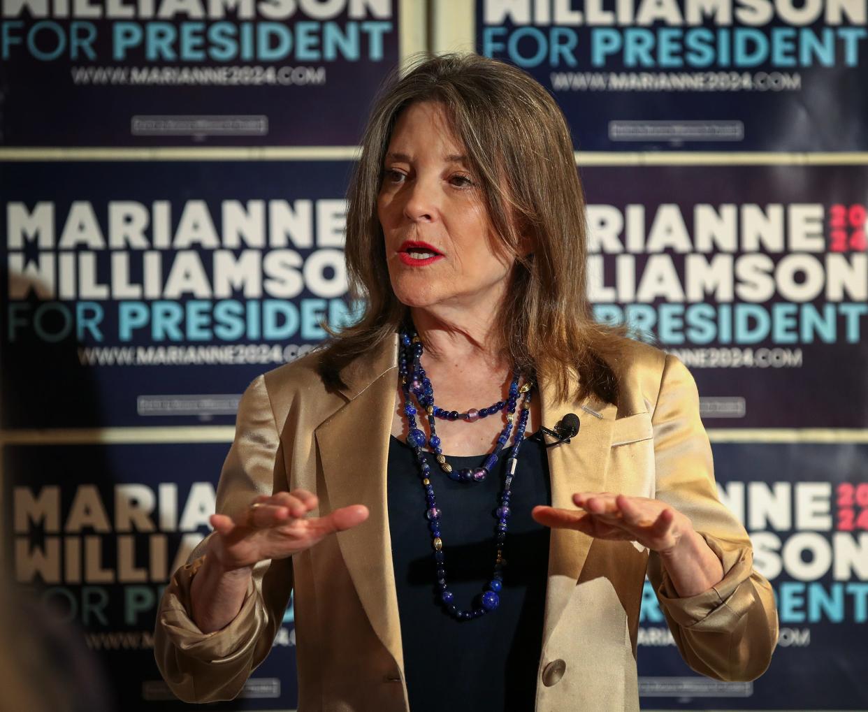 Presidential candidate Marianne Williamson speaks to a group of supporters on Wednesday, April 24, 2024, in Oldham County, Ky.