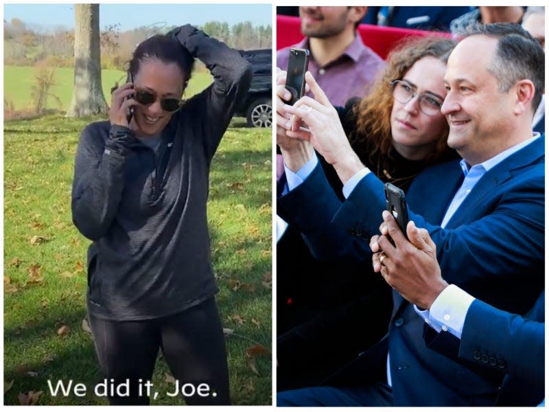 Left: A screenshot of Kamala Harris saying "We did it Joe." Right: Doug Emhoff holding his phone.