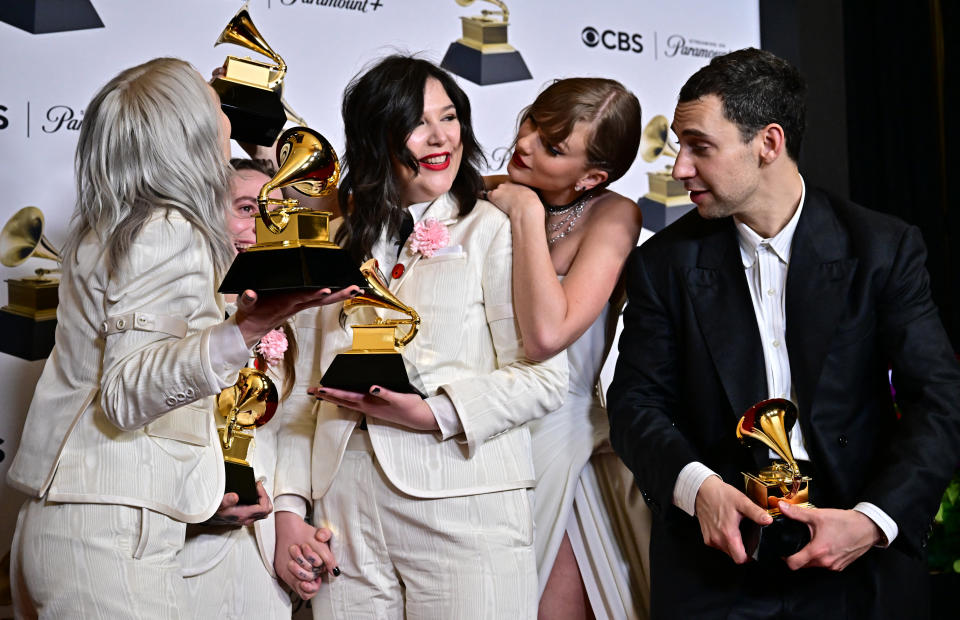 The members of boygenius with Taylor Swift and Jack Antonoff.