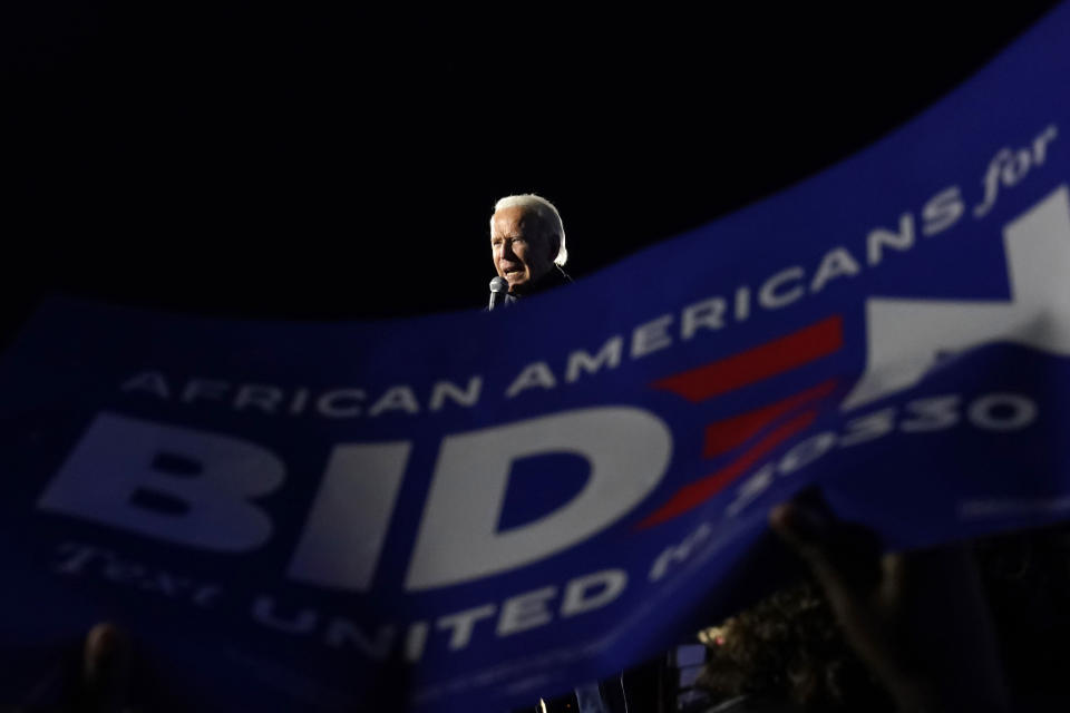 Democratic presidential candidate former Vice President Joe Biden speaks at a drive-in rally at Lexington Technology Park, Monday, Nov. 2, 2020, in Pittsburgh. (AP Photo/Andrew Harnik)