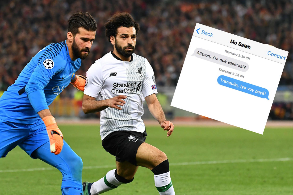 Correspondencia entre Alisson y Mo Salah. | Foto: Getty