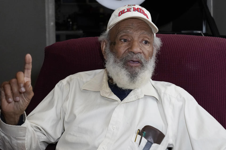 James Meredith, who integrated the University of Mississippi as its first Black student in 1962, reflects on his efforts to dismantle white supremacy and his mission to promote religious revival, at his home in Jackson, Miss., Thursday, Oct. 28, 2021. A person close to Meredith is selling “New Miss” merchandise and trying to trademark a logo with cursive script that is nearly identical to the university's Ole Miss logo. The university is fighting the trademark effort. (AP Photo/Rogelio V. Solis)