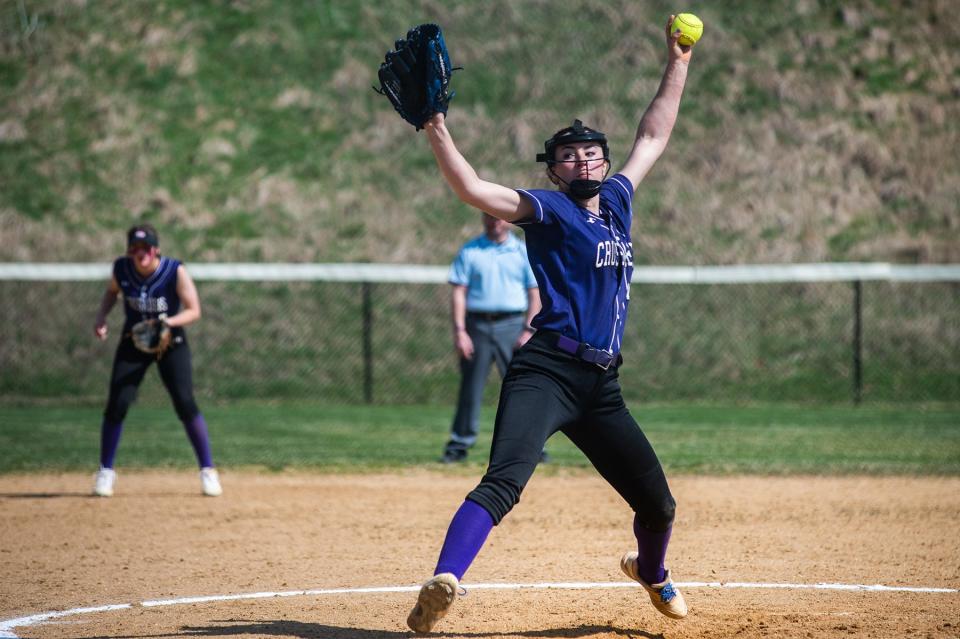 Monroe-Woodbury's Brianna Roberts pitches during a softball game at Newburgh Free Academy on April 13, 2022.