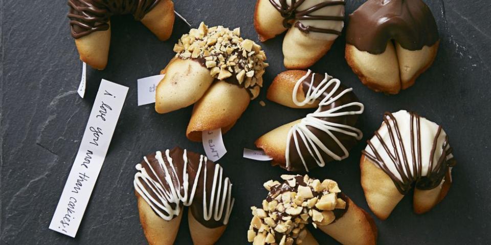 fortune cookies dipped in chocolate with nuts