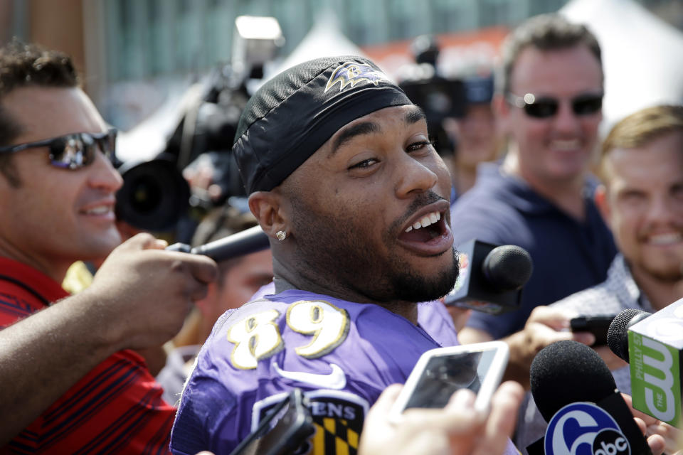 Retired wide receiver Steve Smith Sr. didn’t leave Carolina empty-handed in 2014 when he joined the Baltimore Ravens. (AP)