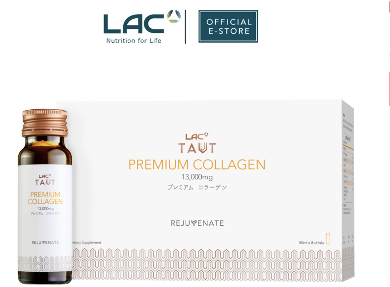 A bottle of LAC Taut premium collagen against a box featuring 13,000mg and the word 