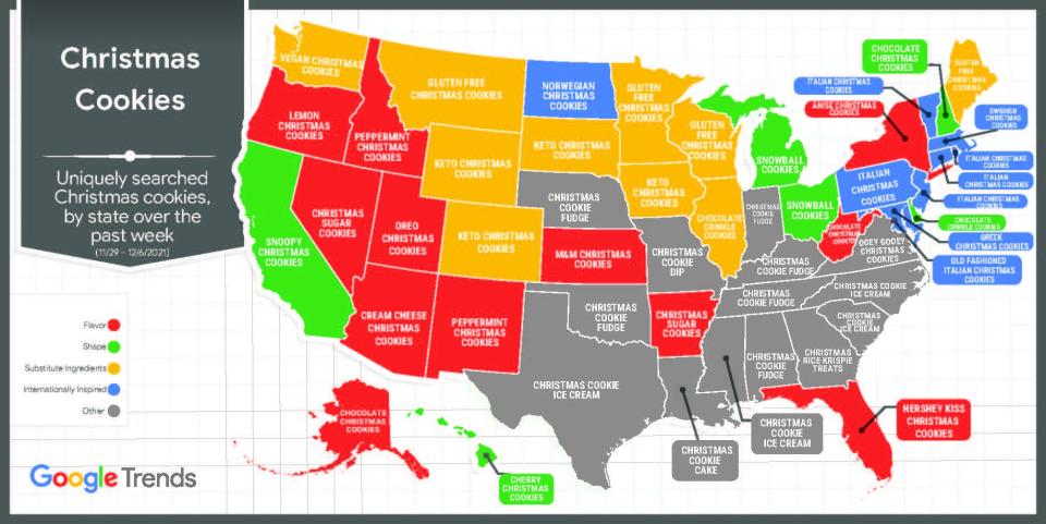 Uniquely searched Christmas cookies by state from Nov. 29 to Dec. 6.