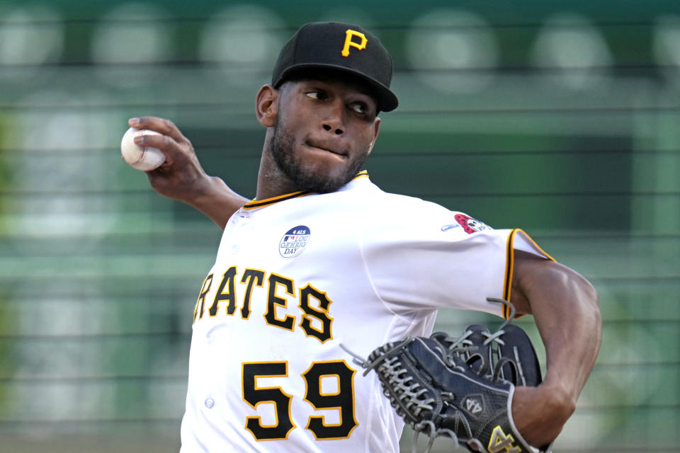 Pittsburgh Pirates starting pitcher Roansy Contreras delivers during the first inning of a baseball game against the St. Louis Cardinals in Pittsburgh, Friday, June 2, 2023. (AP Photo/Gene J. Puskar)