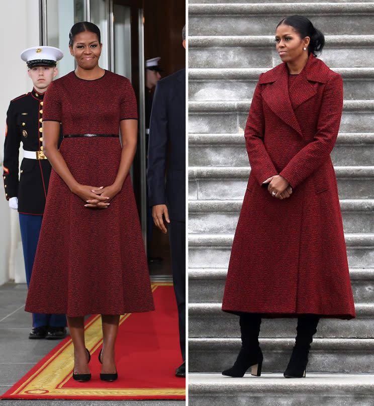 First Lady Michelle Obama prepares to greet President-elect Donald Trump and his wife Melania to the White House in Washington, DC January 20, 2017. / AFP / JIM WATSON (Photo credit should read JIM WATSON/AFP/Getty Images)