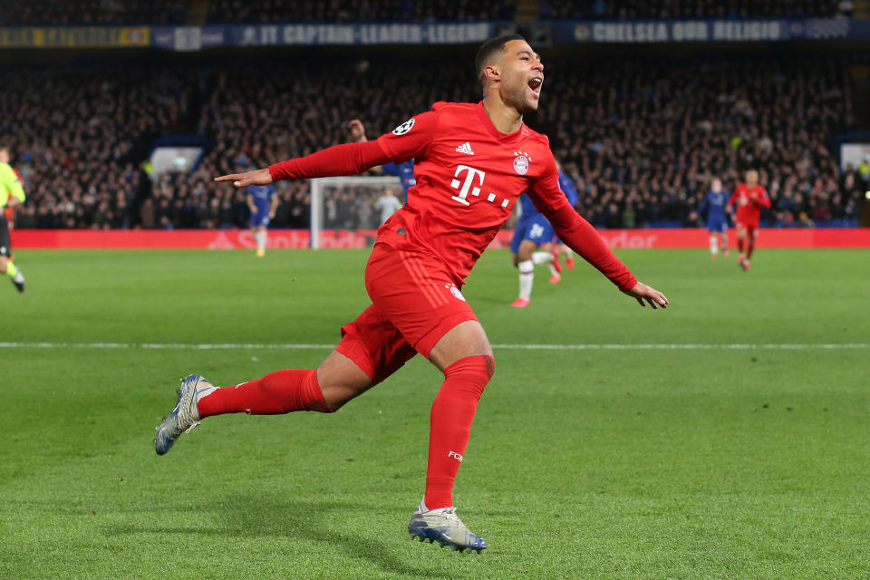 LONDON, ENGLAND - FEBRUARY 25: Serge Gnabry of Bayern celebrates scoring their 2nd goal during the UEFA Champions League round of 16 first leg match between Chelsea FC and FC Bayern Muenchen at Stamford Bridge on February 25, 2020 in London, United Kingdom. (Photo by Charlotte Wilson/Offside/Offside via Getty Images)