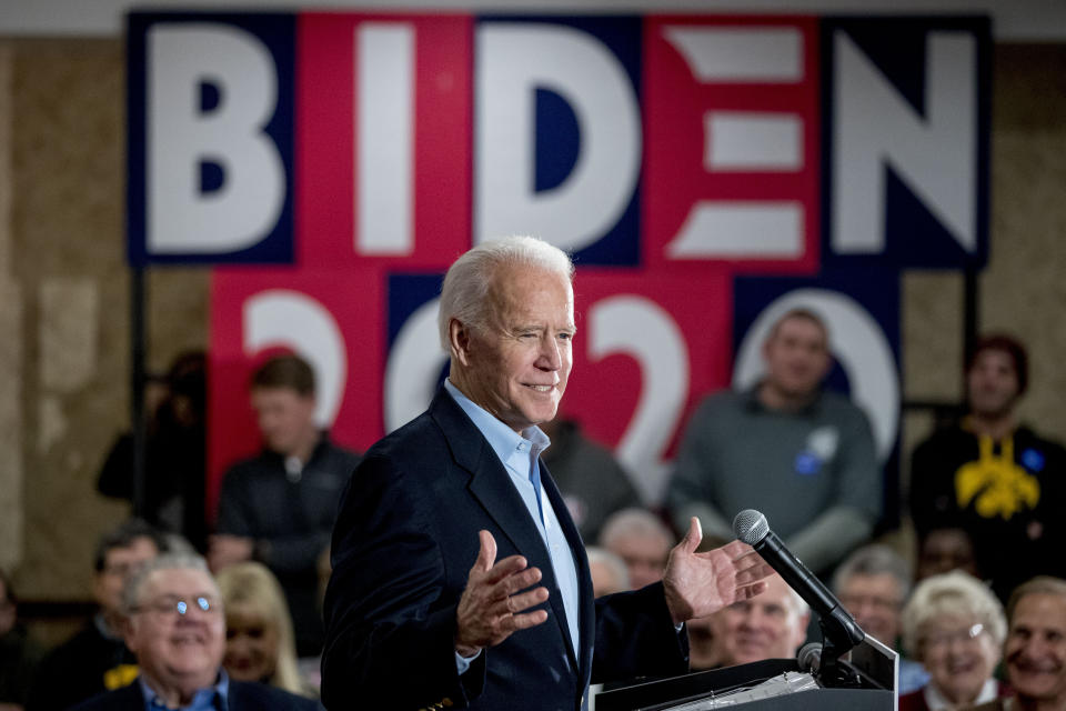 Democratic presidential candidate former Vice President Joe Biden speaks at a campaign stop at a Quality Inn, Friday, Jan. 31, 2020, in Fort Madison, Iowa. (AP Photo/Andrew Harnik)