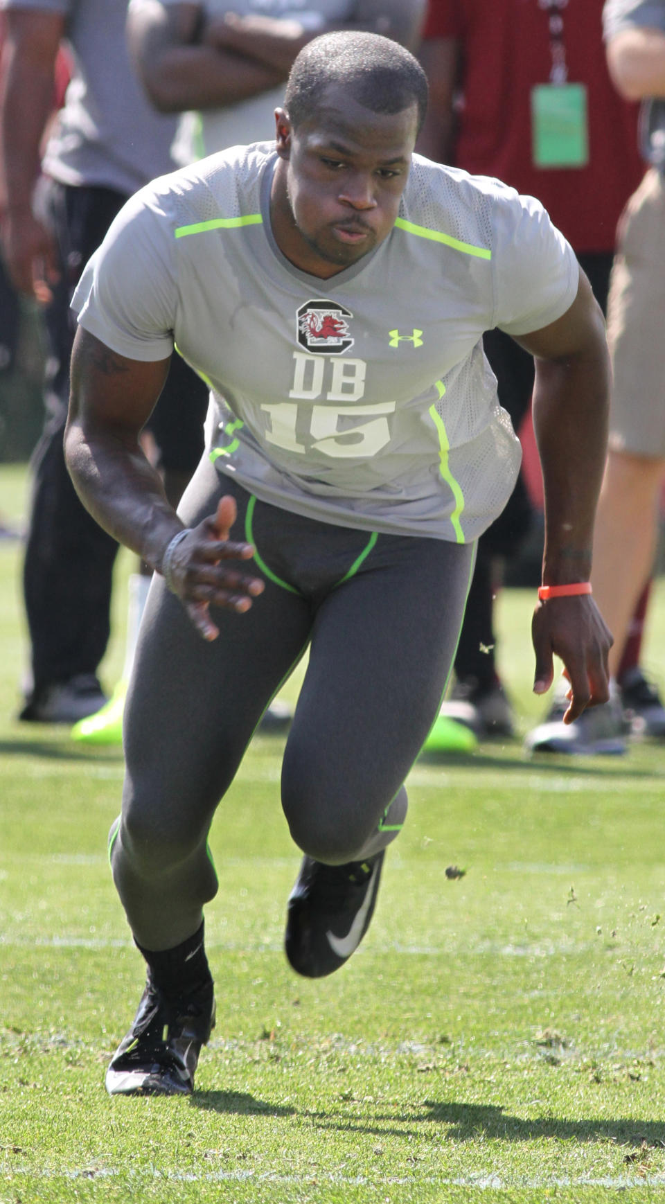 South Carolina cornerback Jimmy Legree competes in a drill for NFL representatives at South Carolina football pro day in Columbia, S.C., Wednesday, April 2, 2014. (AP Photo/Mary Ann Chastain)