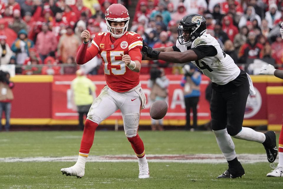 Jacksonville Jaguars pass-rusher and No. 1 overall draft pick Travon Walker (44), seen here pursuing Kansas City Chiefs quarterback Patrick Mahomes (15) in an AFC divisional round loss in January, should be able to improve significantly on his 3.5 sacks during his rookie season.