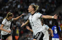 Germany's Alexandra Popp celebrates after scoring her side's first goal during the Women Euro 2022 semi final soccer match between Germany and France at MK stadium in Milton Keynes, England, Wednesday, July 27, 2022. (AP Photo/Rui Vieira)