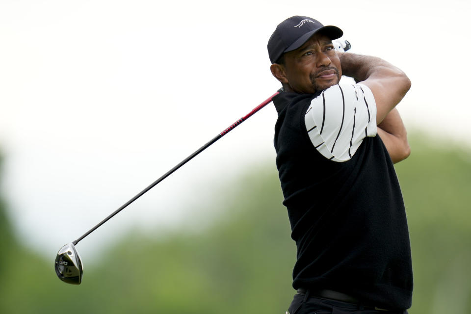 Tiger Woods hits his tee shot on the fifth hole during a practice round for the PGA Championship golf tournament at the Valhalla Golf Club, Tuesday, May 14, 2024, in Louisville, Ky. (AP Photo/Jeff Roberson)