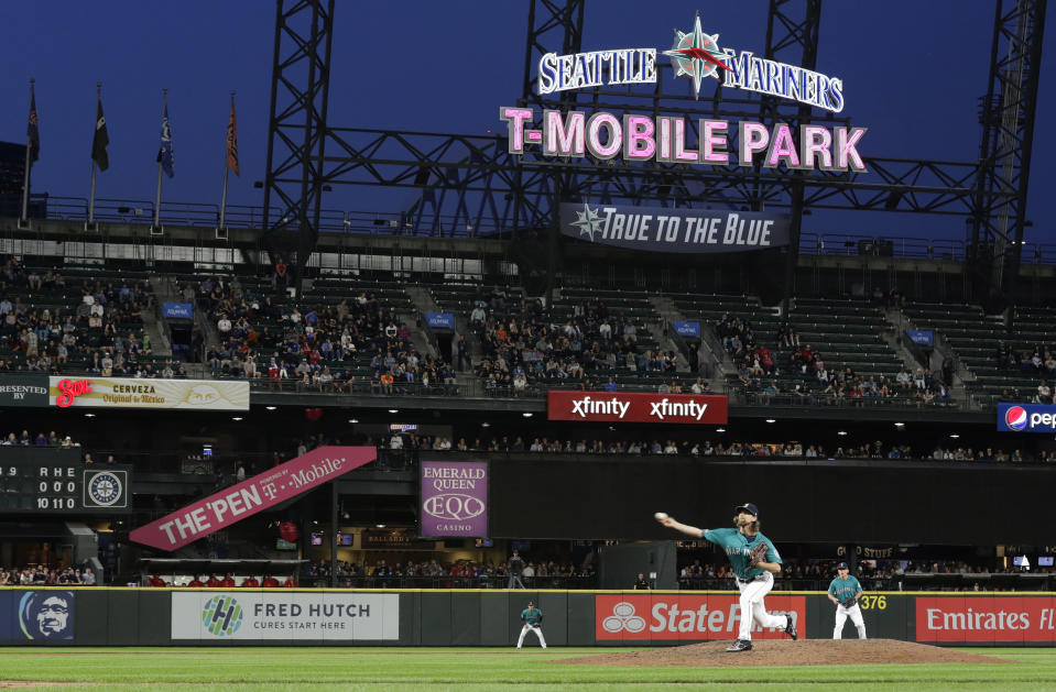 Seattle Mariners starting pitcher Mike Leake throws to a Los Angeles Angels batter during the eighth inning of a baseball game Friday, July 19, 2019, in Seattle. (AP Photo/Ted S. Warren)