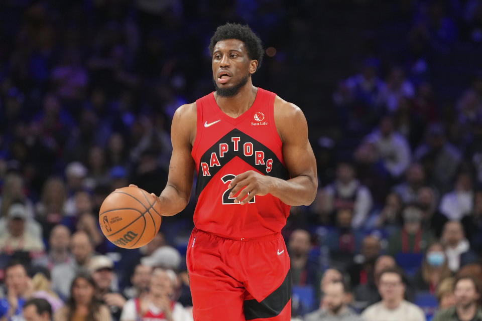 Thaddeus Young of the Toronto Raptors dribbles the ball against the Philadelphia 76ers at the Wells Fargo Center on March 20, 2022 in Philadelphia.