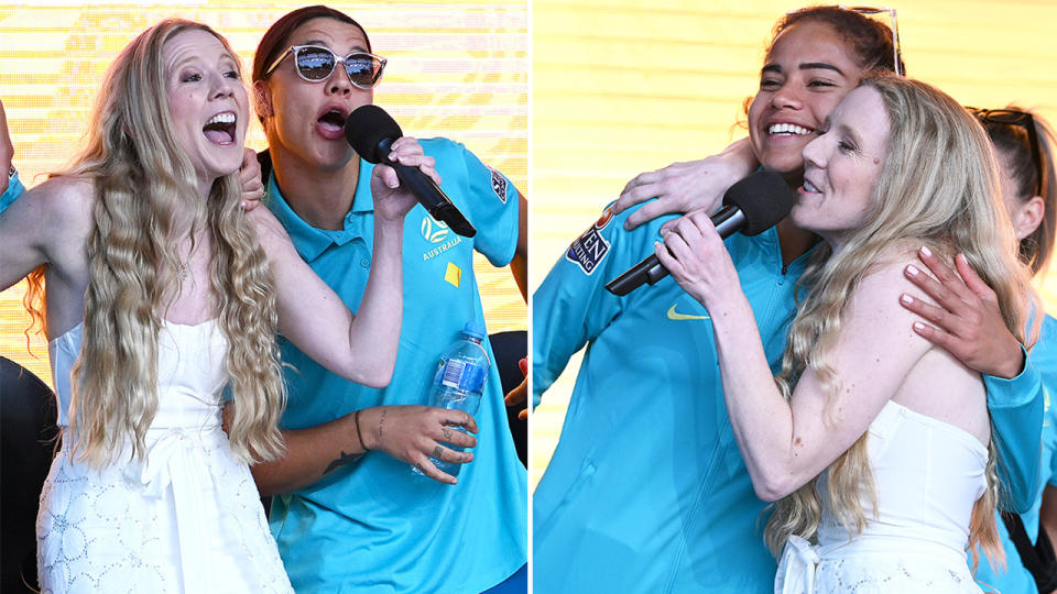 Matildas players Sam Kerr and Mary Fowler sing with Nikki Webster on stage.