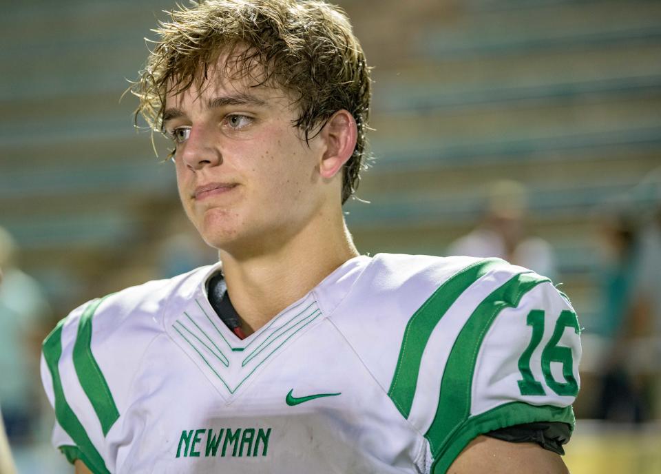 Isidore Newman School quarterback Arch Manning (16) reacts after a 12-7 loss against St. Charles Catholic at Southeastern Louisiana University in Hammond, La., Thursday, Oct. 14, 2021. Photo by Matthew Hinton