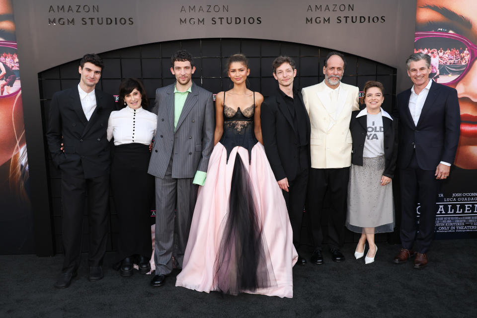 Justin Kuritzkes, Amy Pascal, Josh O'Connor, Zendaya, Mike Faist, Luca Guadagnino, Rachel O’Connor and Mike Hopkins, SVP, Prime Video and Amazon Studios attend the premiere of Amazon MGM Studios' "Challengers" at Westwood Village Theater on April 16 in Los Angeles.