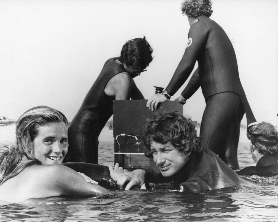 Steven Spielberg in the water with the director Steven Spielberg during production