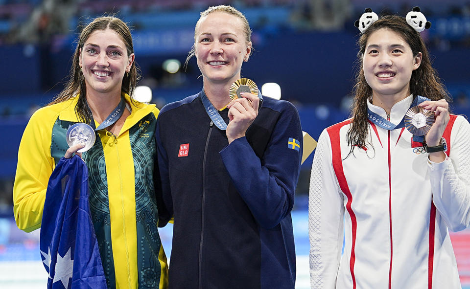 Meg Harris, pictured here after winning silver in the 50m freestyle behind Sarah Sjoestroem.