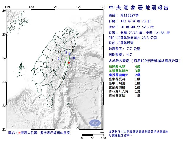  20:40花蓮近海規模4.7地震。（圖／中央氣象署）