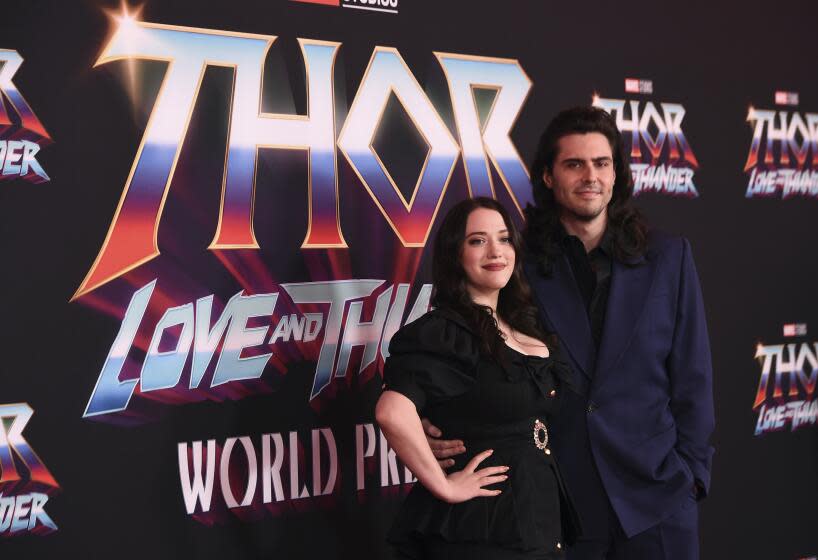 Kat Dennings, left, and Andrew W.K. arrive at the premiere of "Thor: Love and Thunder" on Thursday, June 23, 2022, at the El Capitan Theatre in Los Angeles. (Photo by Jordan Strauss/Invision/AP)