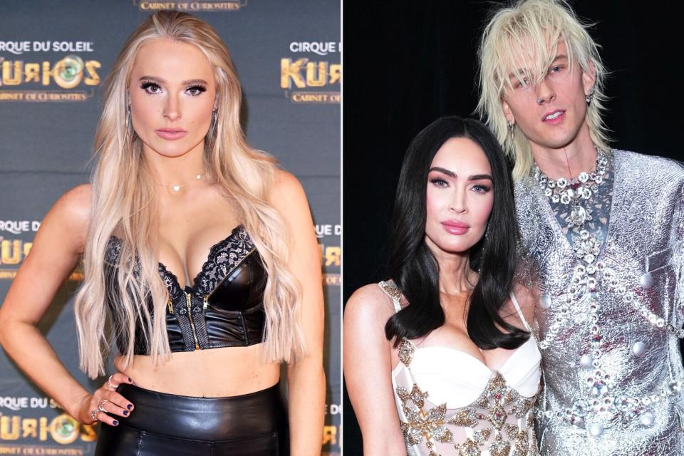 Sophie Lloyd attends the European Premiere of Cirque du Soleil's "Kurios: Cabinet Of Curiosities" at Royal Albert Hall on January 18, 2023 in London, England. (Photo by Karwai Tang/WireImage); Megan Fox and Machine Gun Kelly attend the 65th GRAMMY Awards on February 05, 2023 in Los Angeles, California. (Photo by Kevin Mazur/Getty Images for The Recording Academy)