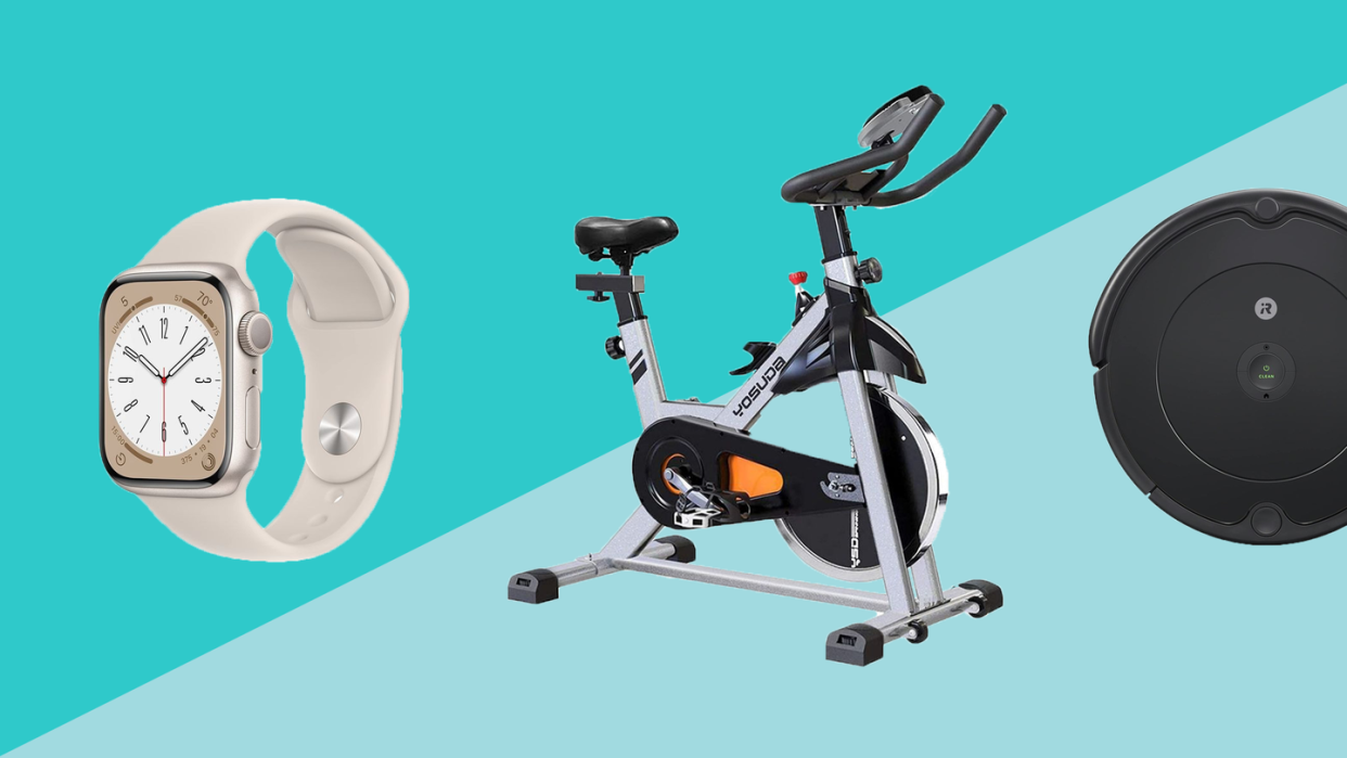 an apple smartwatch, a spin bike, and an irobot vacuum