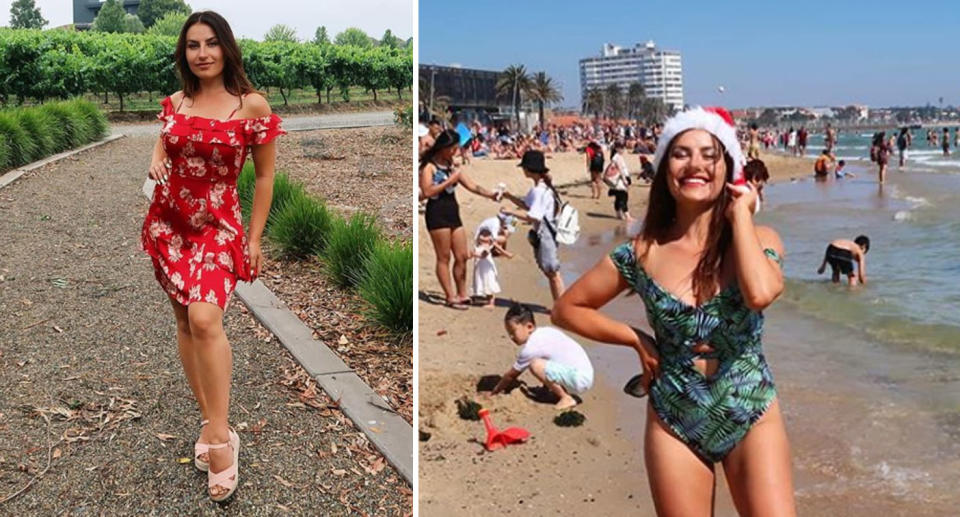 Deni Kirkova pictured left in a short red dress in the Yarra Valley and right in a blue swimsuit at an Australian beach with a Santa hat on.