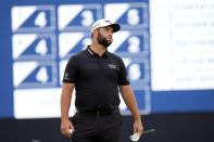 Jon Rahm, of Spain, reacts on the 15th hole during the first round of the U.S. Open golf tournament at The Country Club, Thursday, June 16, 2022, in Brookline, Mass. (AP Photo/Julio Cortez)