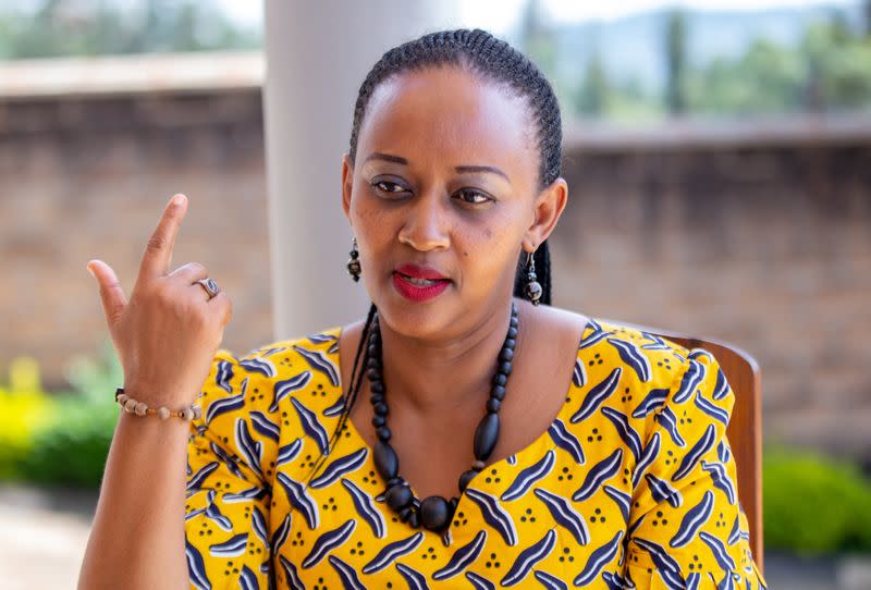 Dimitrie Sissi Mukanyiligira, a Rwandan genocide survivor, talks during a Reuters interview in Kigali