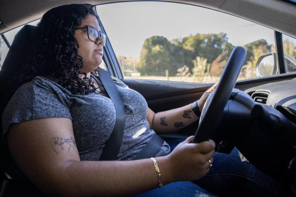 Dyanie Bermeo drives past the area near Abingdon, Va., where she said she was sexually assaulted in 2020. She has sued the sheriff’s office that arrested her on charges of filing a false report.