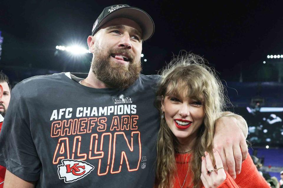 <p>Patrick Smith/Getty </p> Travis Kelce and Taylor Swift after the 2024 Super Bowl