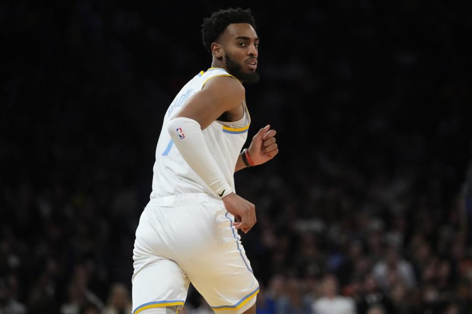 Lakers forward Troy Brown Jr.  runs on the court against the New York Knicks on Jan.  31.