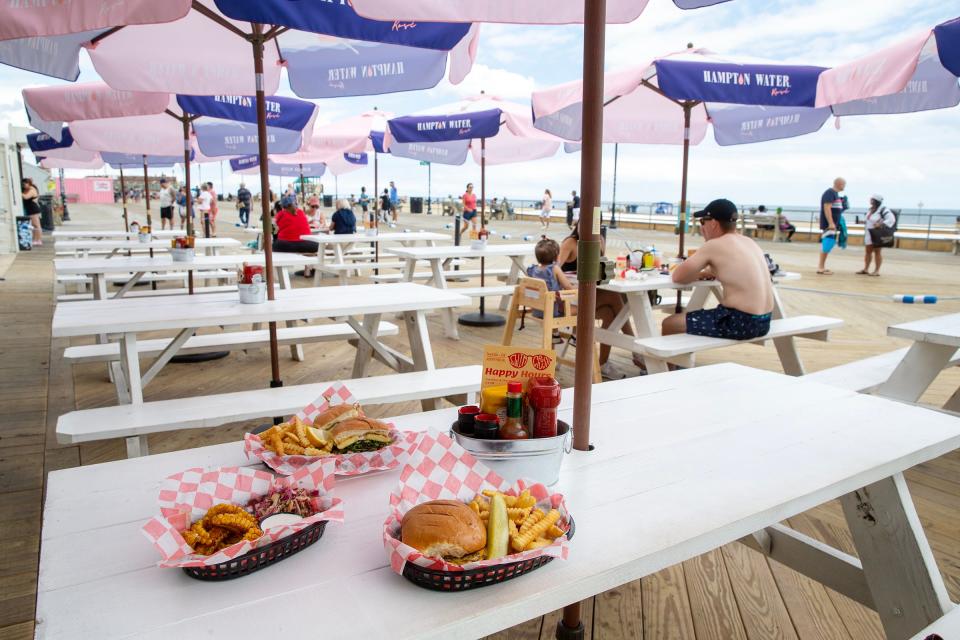 Corn ribs, a Blackened Mahi Mahi sandwich, and a Crush Burger, from Swimcrush on the Asbury Park boardwalk.