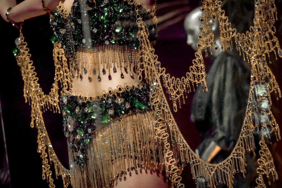 A costume worn by singer Taylor Swift in her 2022 "Bejeweled" music video, part of the exhibition,"Taylor Swift: Storyteller," is displayed at the Museum of Arts and Design in New York on Tuesday, May 23, 2023. The exhibit runs through Sept. 4. (AP Photo/Bebeto Matthews)