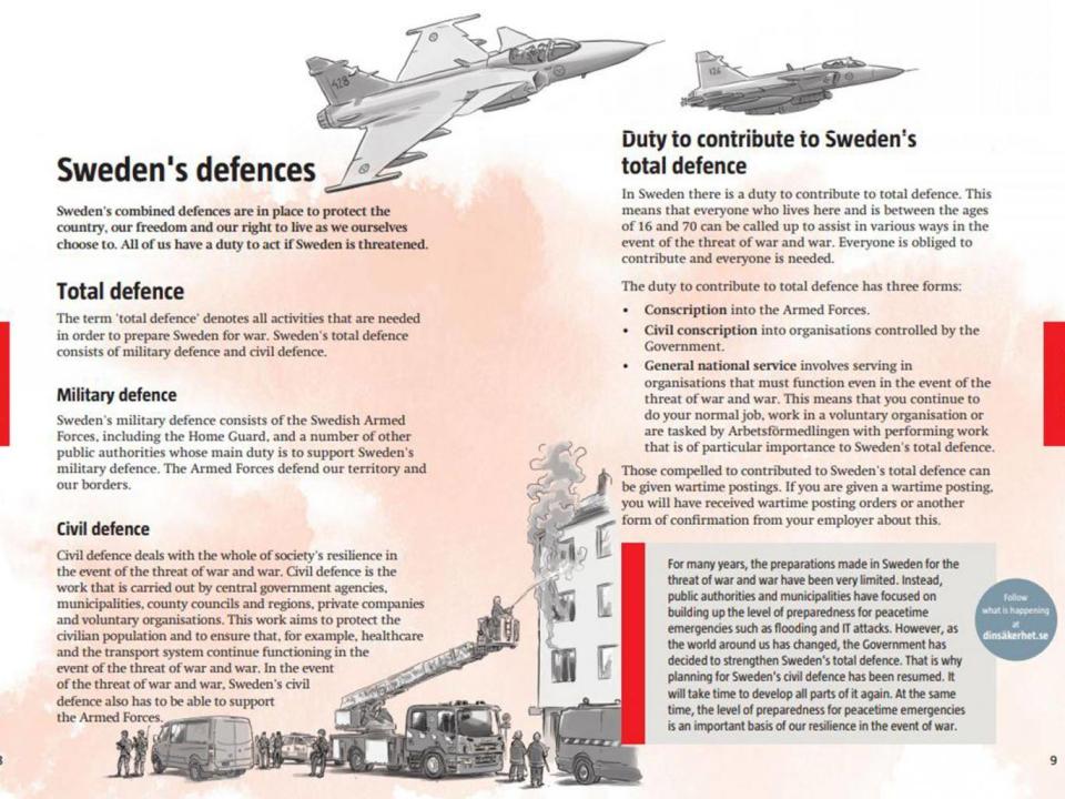 It tells Swedes they have a duty to act if their country is threatened for 'total defence' (Swedish Civil Contingencies Agency)