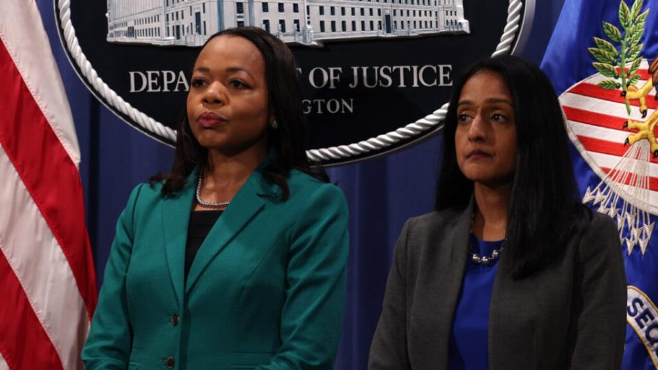Kristen Clarke, Assistant Attorney General for the Civil Rights Division, and Vanita Gupta, associate U.S. attorney general, listen as Attorney General Merrick Garland speaks at a news conference at the Department of Justice on June 25, 2021 in Washington, DC. (Photo by Anna Moneymaker/Getty Images)