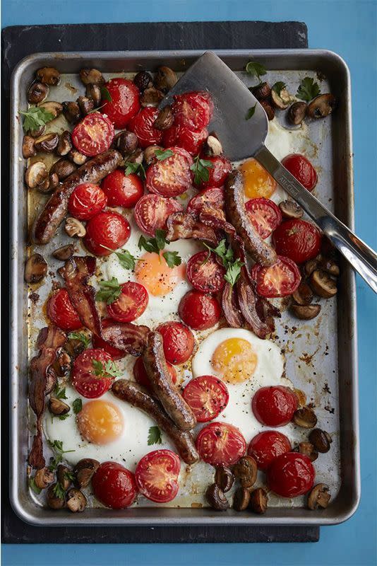 breakfast in bed english breakfast tray bake with sausages eggs tomatoes