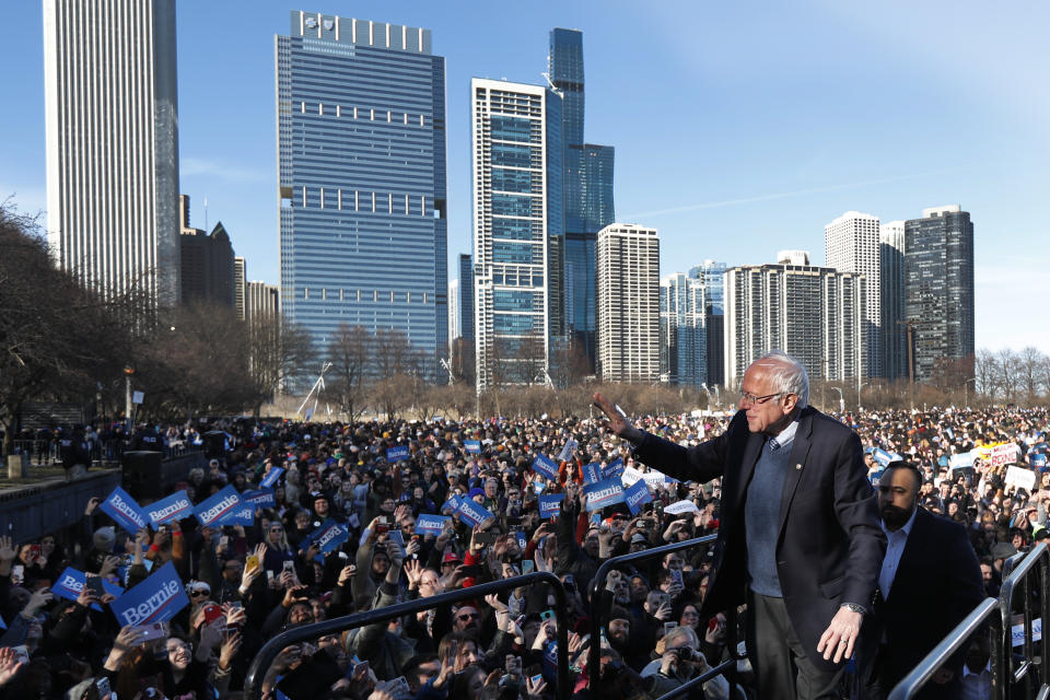 Democratic presidential candidate Sen. Bernie Sanders, I-Vt., waves to supporters after a campaign rally in Chicago's Grant Park Saturday, March 7, 2020. (AP Photo/Charles Rex Arbogast)