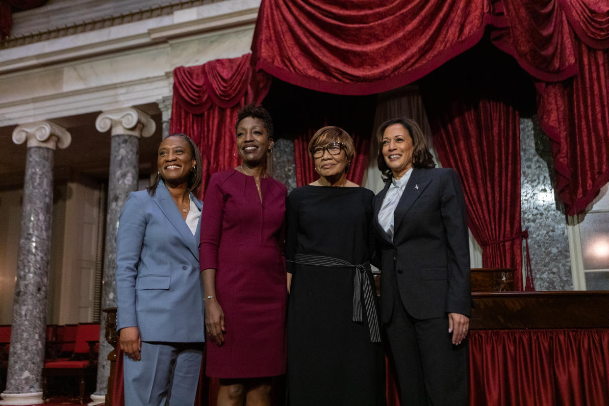 WASHINGTON, DC - OCTOBER 3: Sen. Laphonza Butler (D-CA) with her wife, Neneki Lee, her mother, and Vice President Kamala Harris pose after a swearing-in ceremony in the Old Senate Chamber at the U.S. Capitol on October 3, 2023 in Washington DC. Butler was appointed by Governor Gavin Newsom to the vacant Senate seat of California following the passing of Dianne Feinstein.