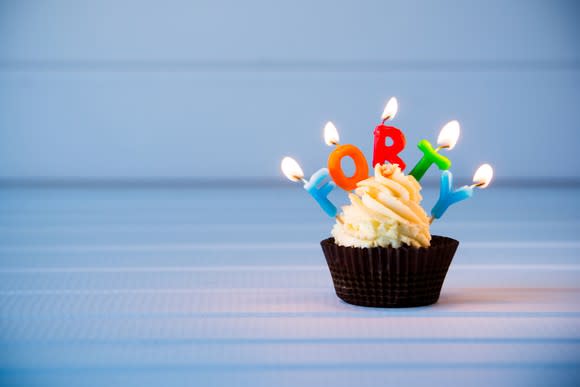 Cupcake with the word forty spelled out in lit candles.