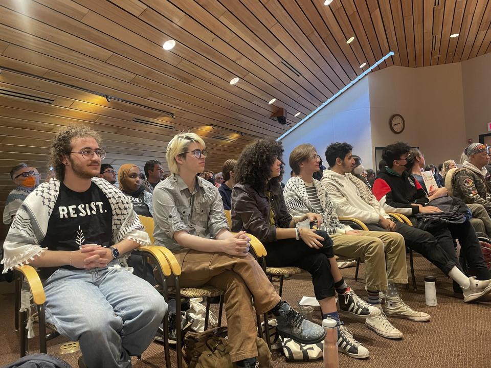 Pro-Palestinian supporters attended a University of Minnesota's Board of Regents meeting on Friday, May 10, 2024, in Minneapolis to demand divestment from companies that profit off the Israel-Hamas war. The University of Minnesota disclosed this week that about $5 million of its $2.27 billion endowment investments — or less than a quarter of 1% — are tied to Israeli companies or U.S. defense contractors. (AP Photo/Trisha Ahmed)